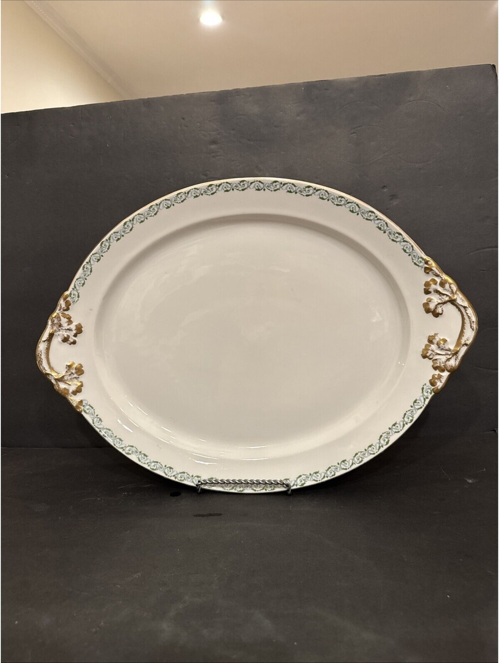 Vtg Wm Guerin & Co Limoges Oval Serving Platter Green Blue Swirl Gold 18 3/8” L